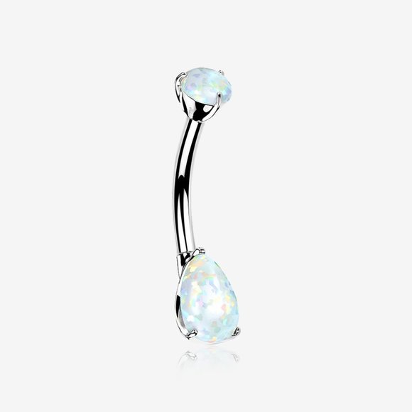 14 Karat White Gold Dainty Fire Opal Teardrop Sparkle Belly Button Ring - Picture 2 of 2